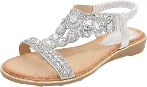 Women's Flat Sandals 2024 Ladies Summer Fashion Rhinestone Bohemian Slope Heel Hollow Solid Colour Soft Flat Bottom Open