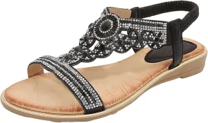 Women's Flat Sandals 2024 Ladies Summer Fashion Rhinestone Bohemian Slope Heel Hollow Solid Colour Soft Flat Bottom Open