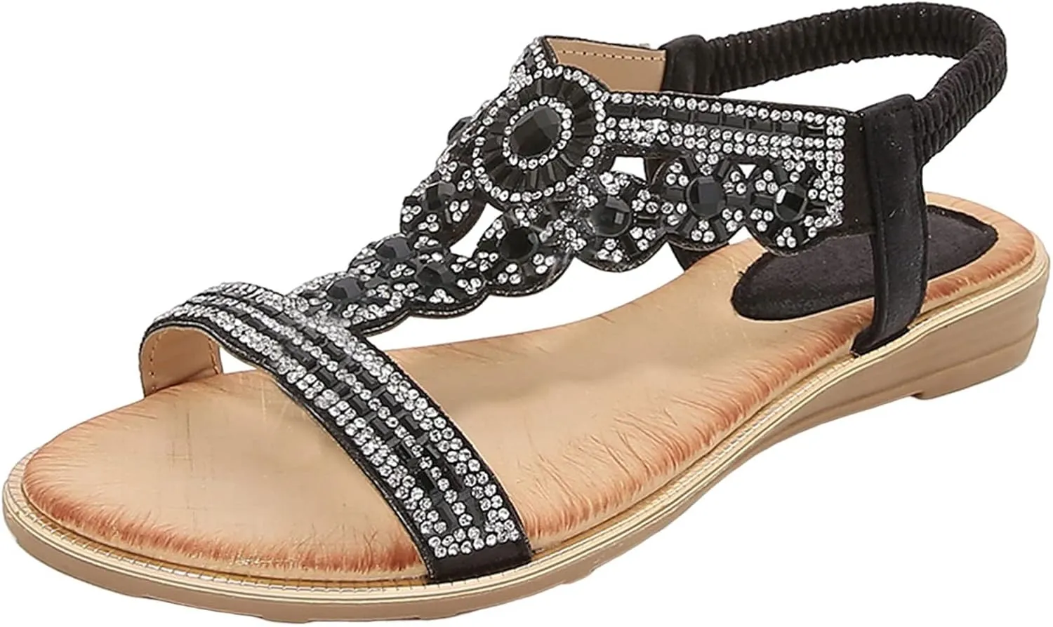 Women's Flat Sandals 2024 Ladies Summer Fashion Rhinestone Bohemian Slope Heel Hollow Solid Colour Soft Flat Bottom Open