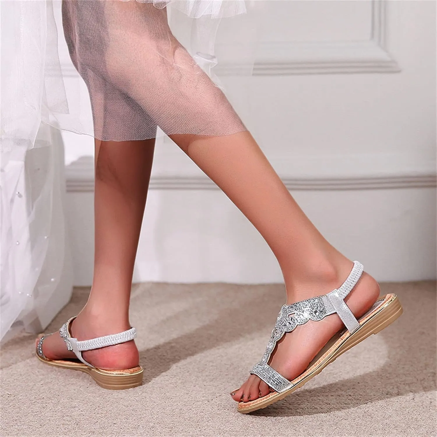 Women's Flat Sandals 2024 Ladies Summer Fashion Rhinestone Bohemian Slope Heel Hollow Solid Colour Soft Flat Bottom Open