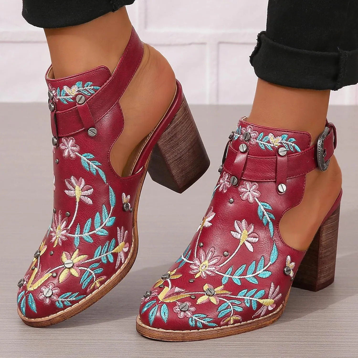 Women's Floral Embroidered Ankle Boots Round Toe Buckled Backless Western Vintage Wooden Chunky Heeled Shorts Booties