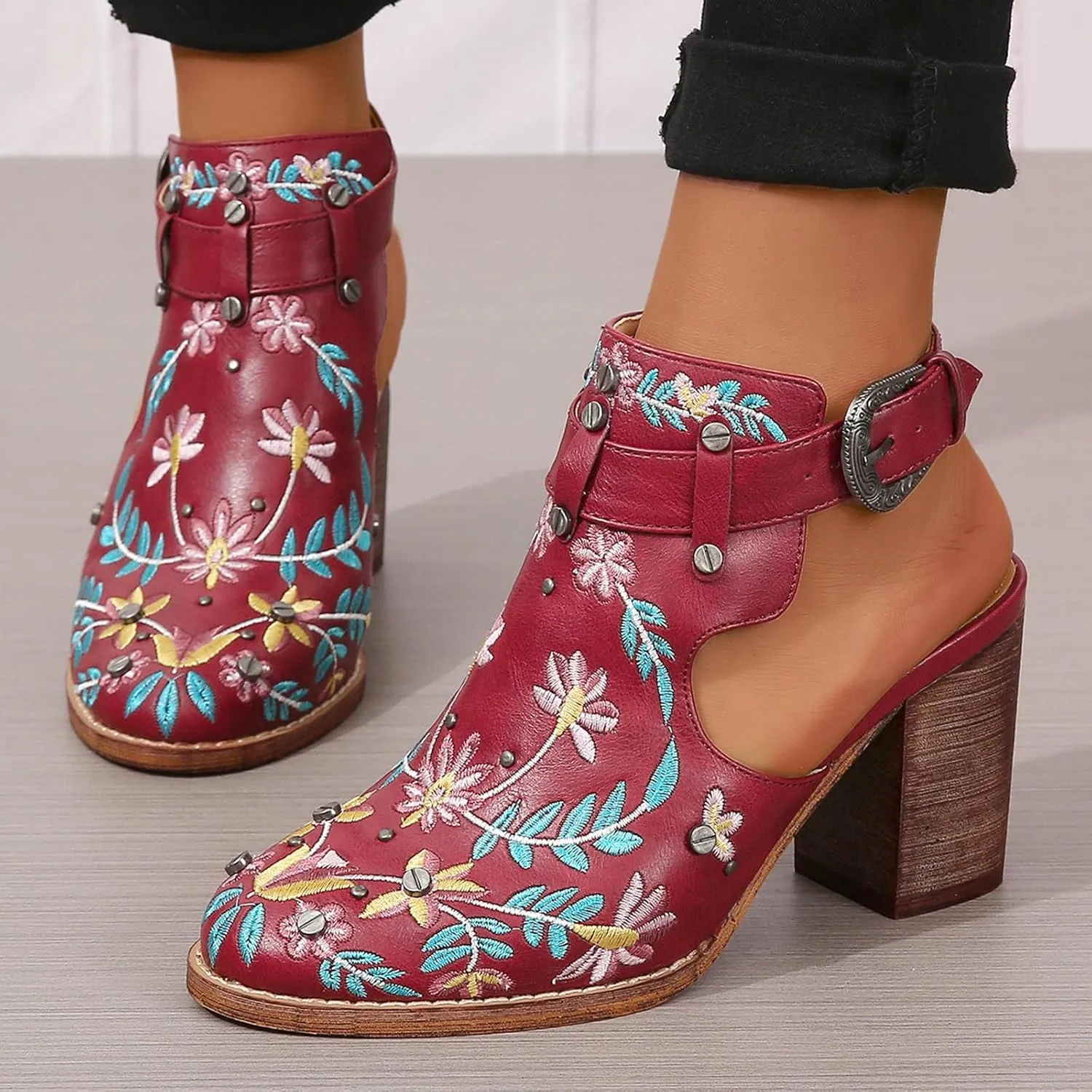 Women's Floral Embroidered Ankle Boots Round Toe Buckled Backless Western Vintage Wooden Chunky Heeled Shorts Booties