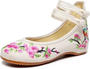 Women's Floral Embroidered Flat Shoes Chinese Traditional Strap Walking Mary Jane Flats Handmade Flower Embroidery Dress Shoes for Cheongsam