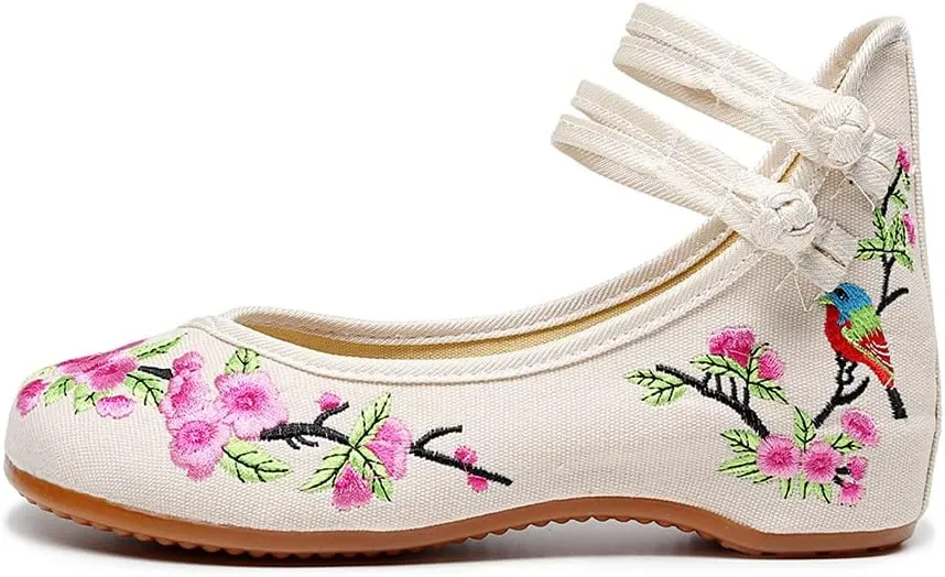 Women's Floral Embroidered Flat Shoes Chinese Traditional Strap Walking Mary Jane Flats Handmade Flower Embroidery Dress Shoes for Cheongsam