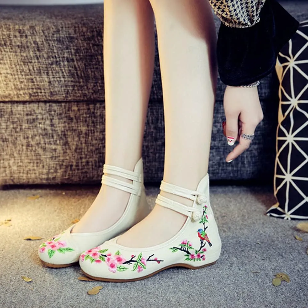 Women's Floral Embroidered Flat Shoes Chinese Traditional Strap Walking Mary Jane Flats Handmade Flower Embroidery Dress Shoes for Cheongsam