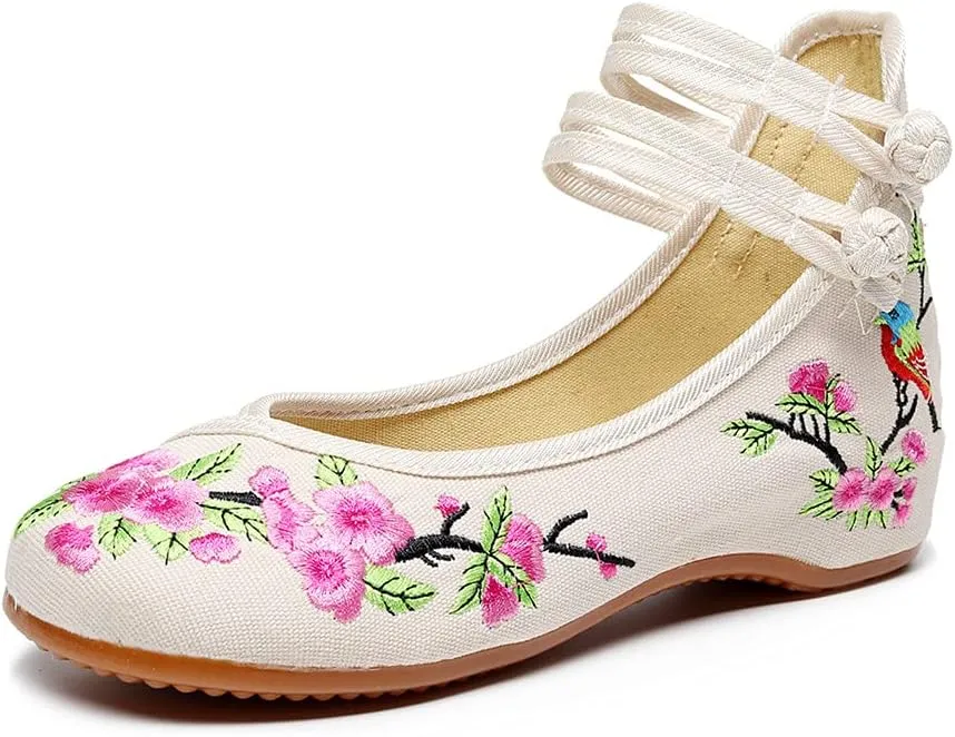 Women's Floral Embroidered Flat Shoes Chinese Traditional Strap Walking Mary Jane Flats Handmade Flower Embroidery Dress Shoes for Cheongsam