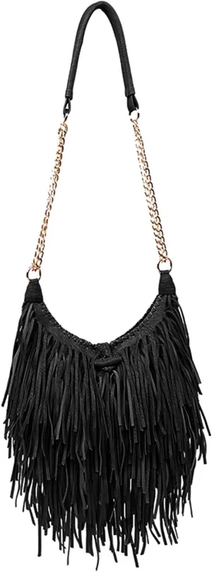 Women's Fringed Faux Suede Leather Cross Body Bag Chain Shoulder Bag Tassel Handbag