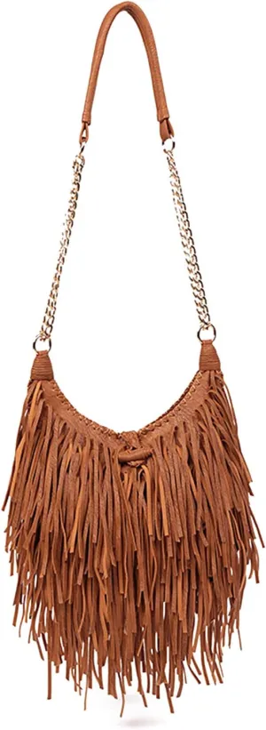 Women's Fringed Faux Suede Leather Cross Body Bag Chain Shoulder Bag Tassel Handbag