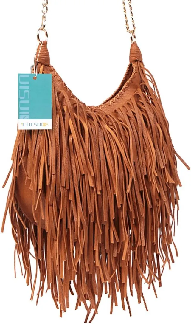 Women's Fringed Faux Suede Leather Cross Body Bag Chain Shoulder Bag Tassel Handbag