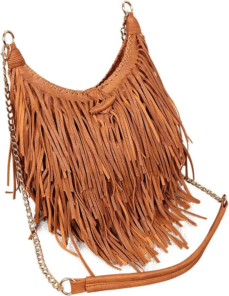 Women's Fringed Faux Suede Leather Cross Body Bag Chain Shoulder Bag Tassel Handbag