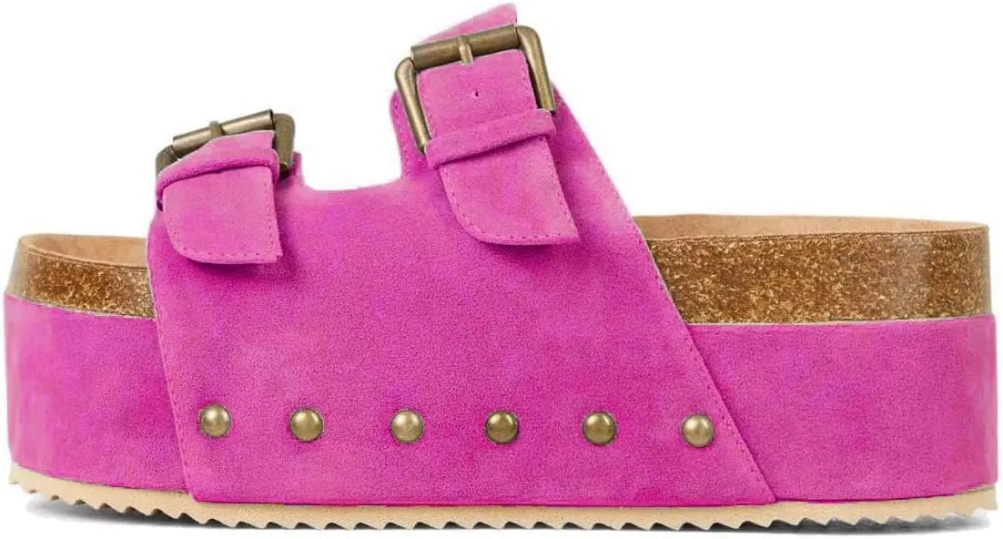 Womens Genuine Leather Cork Platform Sandals Adjustable Buckle Straps Band Suede Clogs Platform Slip on Flatform Sandals