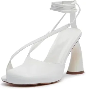 Women's Half-Open Square Toe Chunky High Heels Lace Up Heeled Sandals