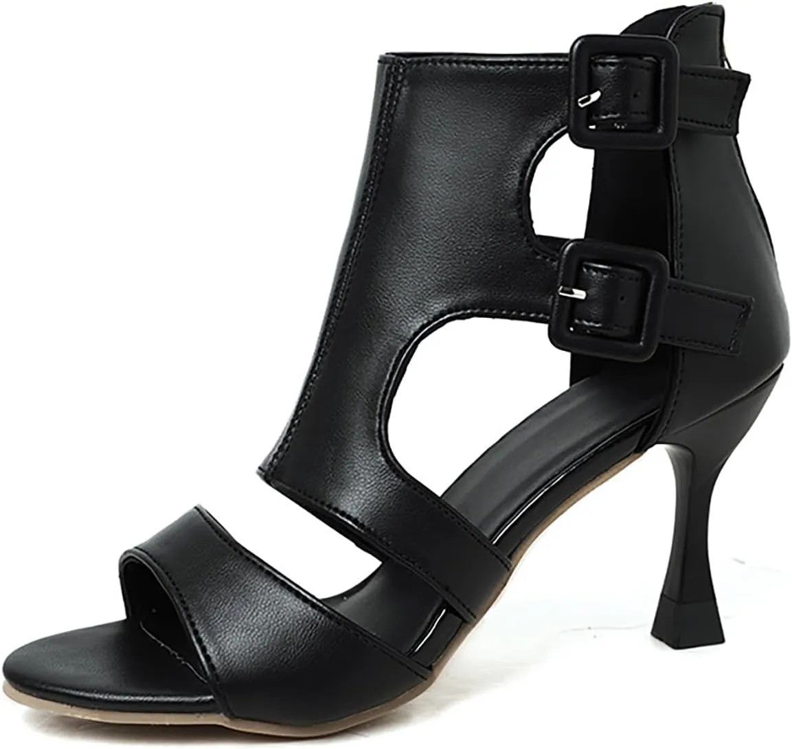 Women'S Leather Buckle Fishmouth Stiletto Heeled Sandals High Heel Ankle Bootie Fashion Hollow Out Adjust Double Buckled Open Toe High Heel Sandals Summer Sexy Night Club Party Shoes