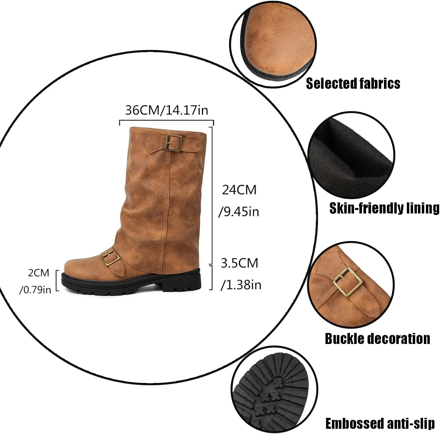 Women's Leather Slouchy platform Buckle Mid-Calf Boots Comfort Wide Round Toe Slip On lug sole Motorcycle Combat Boots
