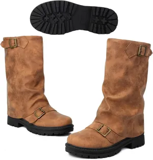 Women's Leather Slouchy platform Buckle Mid-Calf Boots Comfort Wide Round Toe Slip On lug sole Motorcycle Combat Boots