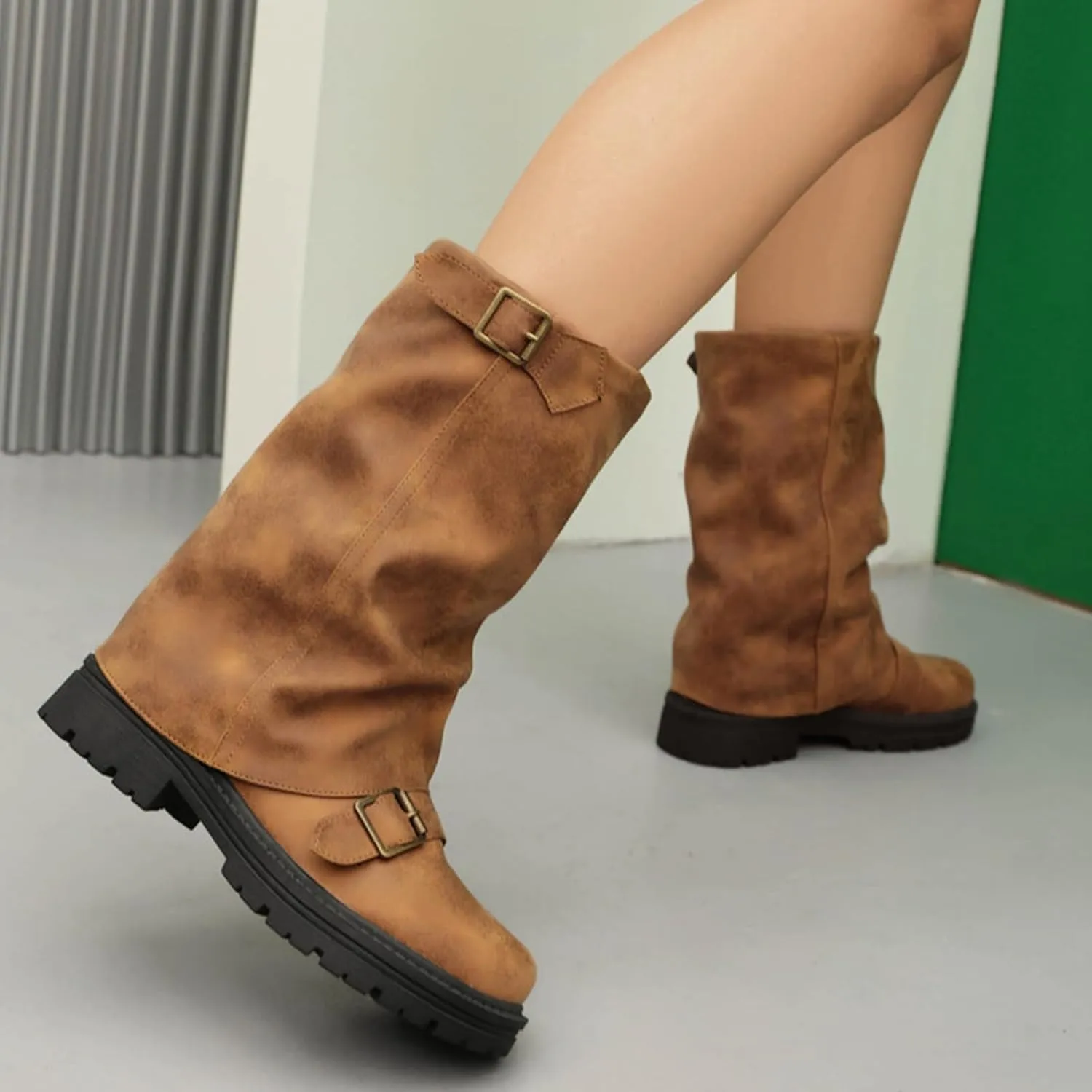 Women's Leather Slouchy platform Buckle Mid-Calf Boots Comfort Wide Round Toe Slip On lug sole Motorcycle Combat Boots