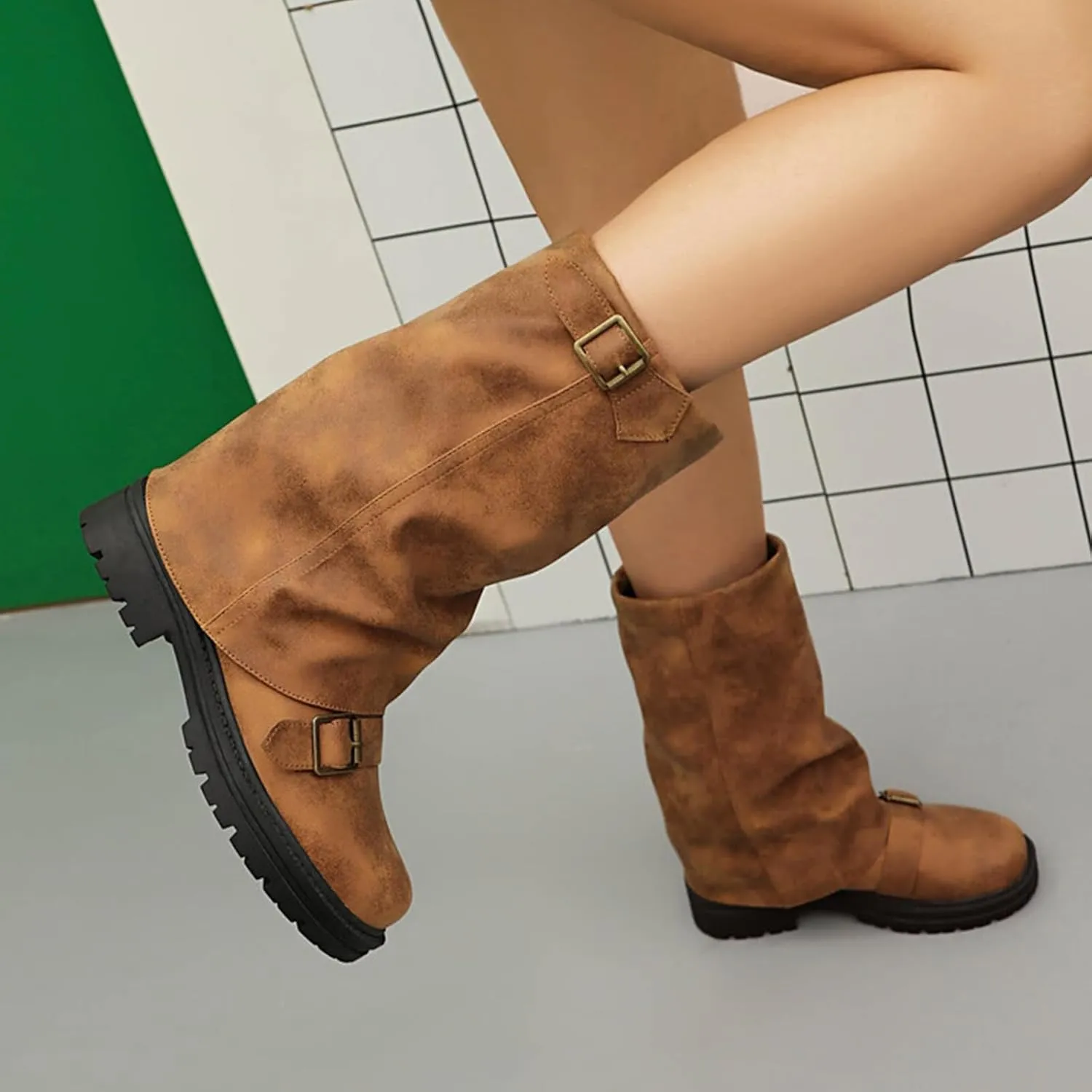 Women's Leather Slouchy platform Buckle Mid-Calf Boots Comfort Wide Round Toe Slip On lug sole Motorcycle Combat Boots
