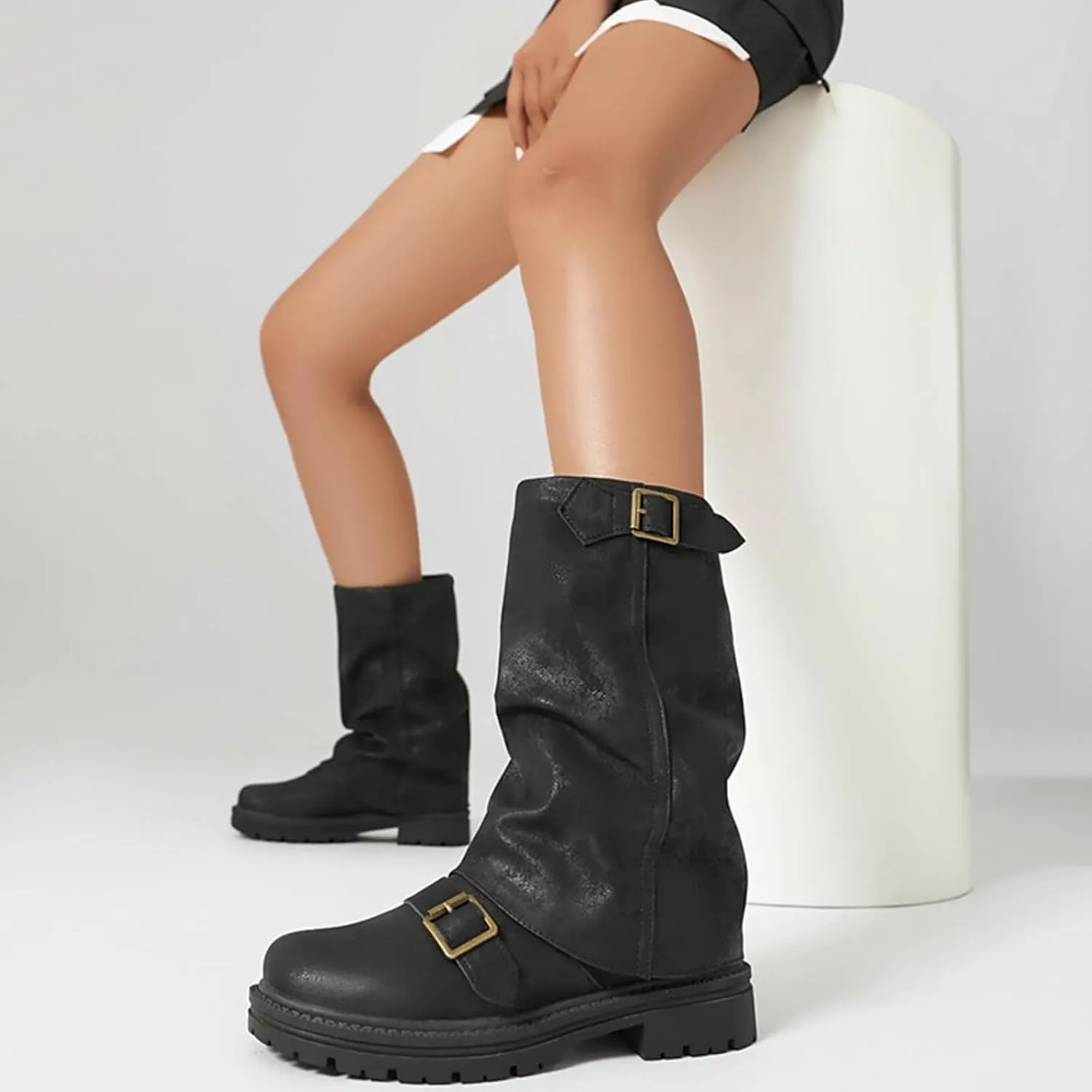 Women's Leather Slouchy platform Buckle Mid-Calf Boots Comfort Wide Round Toe Slip On lug sole Motorcycle Combat Boots