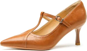Women'S Leather T-Strap Sexy Pointed Stiletto Heel Pumps Fashion Adjustable Buckle Comfort Kitten Heel Mary Janes Party Wedding Evening Dress High Heel Shoes
