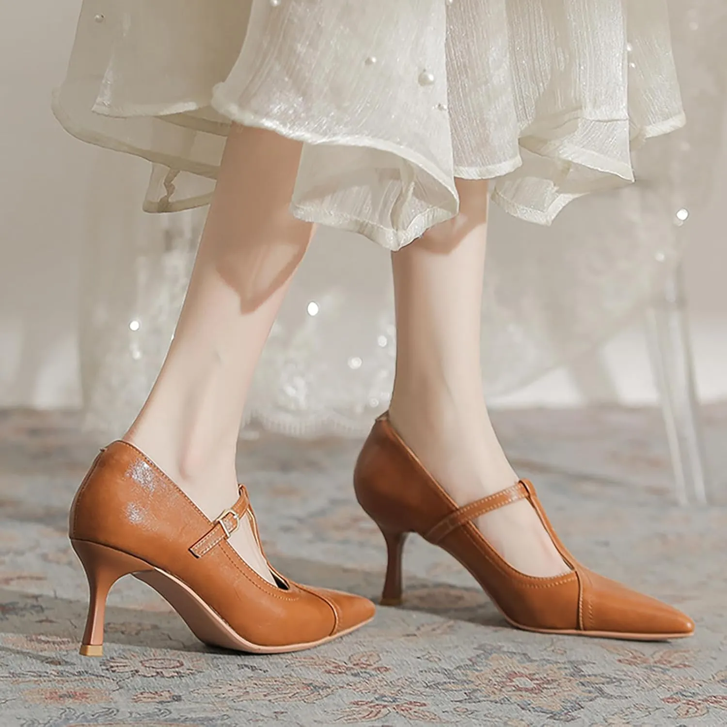 Women'S Leather T-Strap Sexy Pointed Stiletto Heel Pumps Fashion Adjustable Buckle Comfort Kitten Heel Mary Janes Party Wedding Evening Dress High Heel Shoes