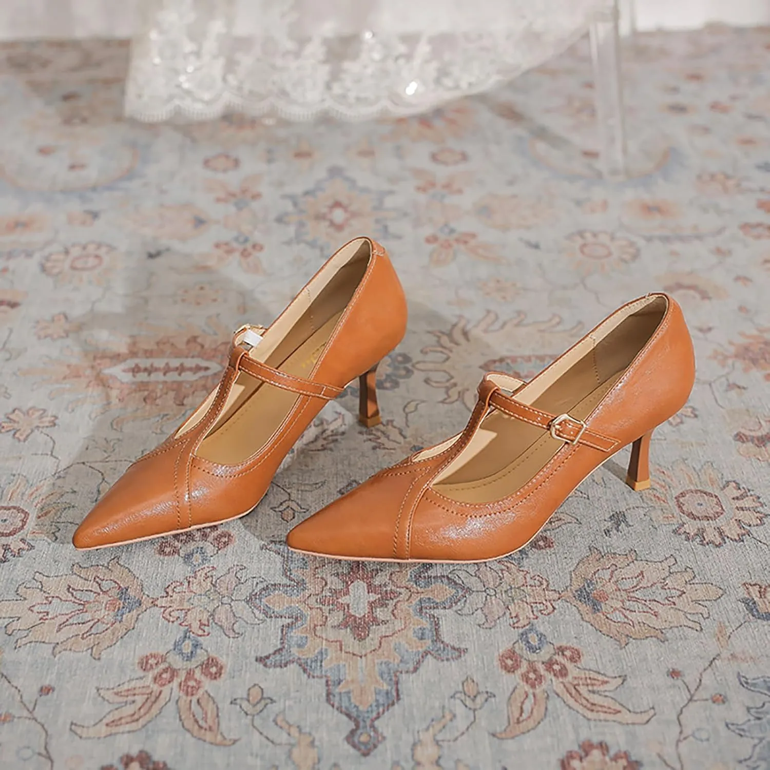 Women'S Leather T-Strap Sexy Pointed Stiletto Heel Pumps Fashion Adjustable Buckle Comfort Kitten Heel Mary Janes Party Wedding Evening Dress High Heel Shoes