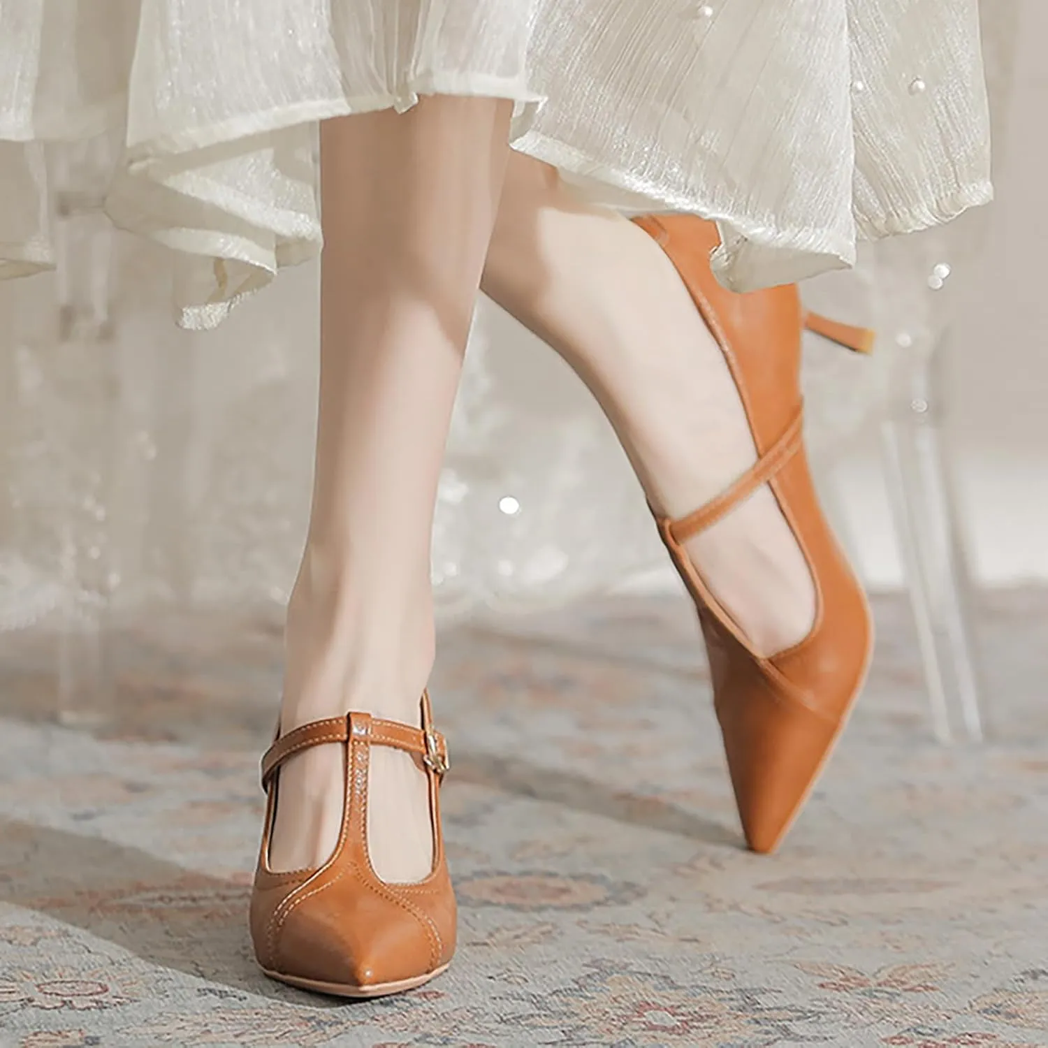 Women'S Leather T-Strap Sexy Pointed Stiletto Heel Pumps Fashion Adjustable Buckle Comfort Kitten Heel Mary Janes Party Wedding Evening Dress High Heel Shoes