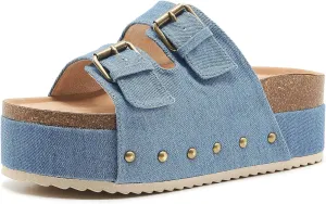 Women's Platform Cork Slides Dual Buckled Straps Clogs Slip On Flatform Sandals for Women Clogs