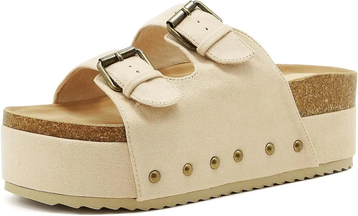 Women's Platform Cork Slides Dual Buckled Straps Clogs Slip On Flatform Sandals for Women Clogs