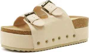 Women's Platform Cork Slides Dual Buckled Straps Clogs Slip On Flatform Sandals for Women Clogs