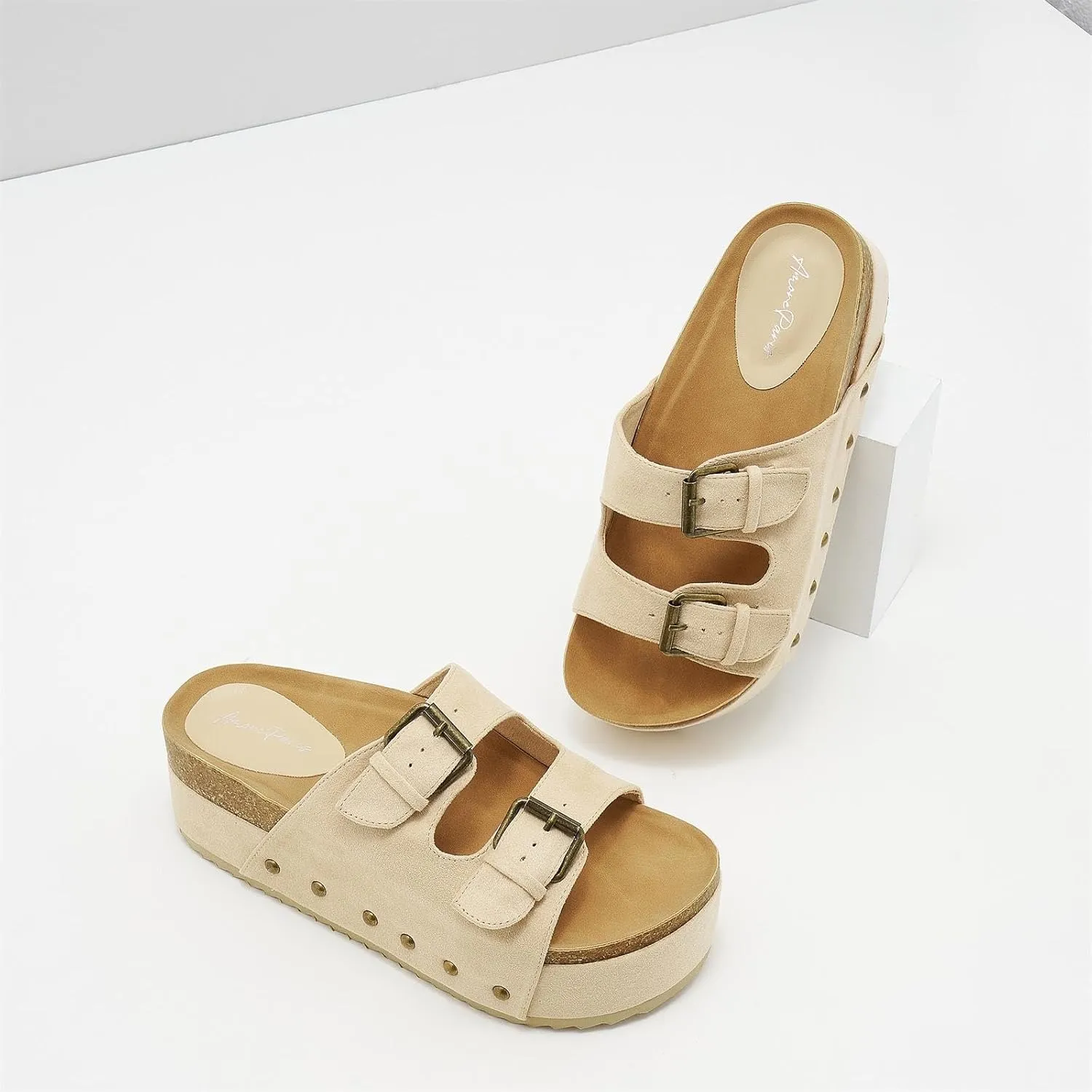 Women's Platform Cork Slides Dual Buckled Straps Clogs Slip On Flatform Sandals for Women Clogs