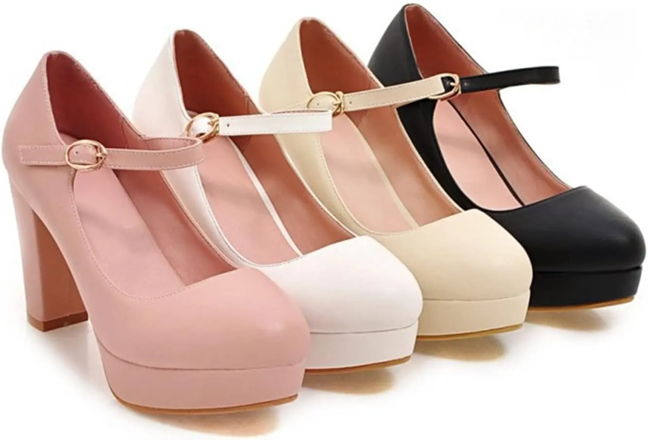 Women's Platform Mary Jane Shoes High Chunky Heel Round Toe Ankle Buckle Strap Wedding Dress Pumps
