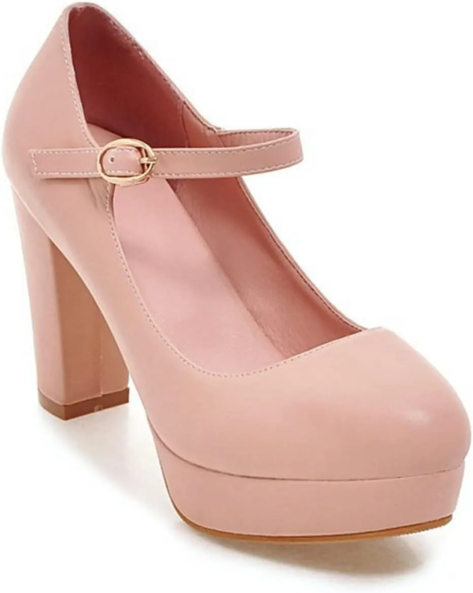 Women's Platform Mary Jane Shoes High Chunky Heel Round Toe Ankle Buckle Strap Wedding Dress Pumps