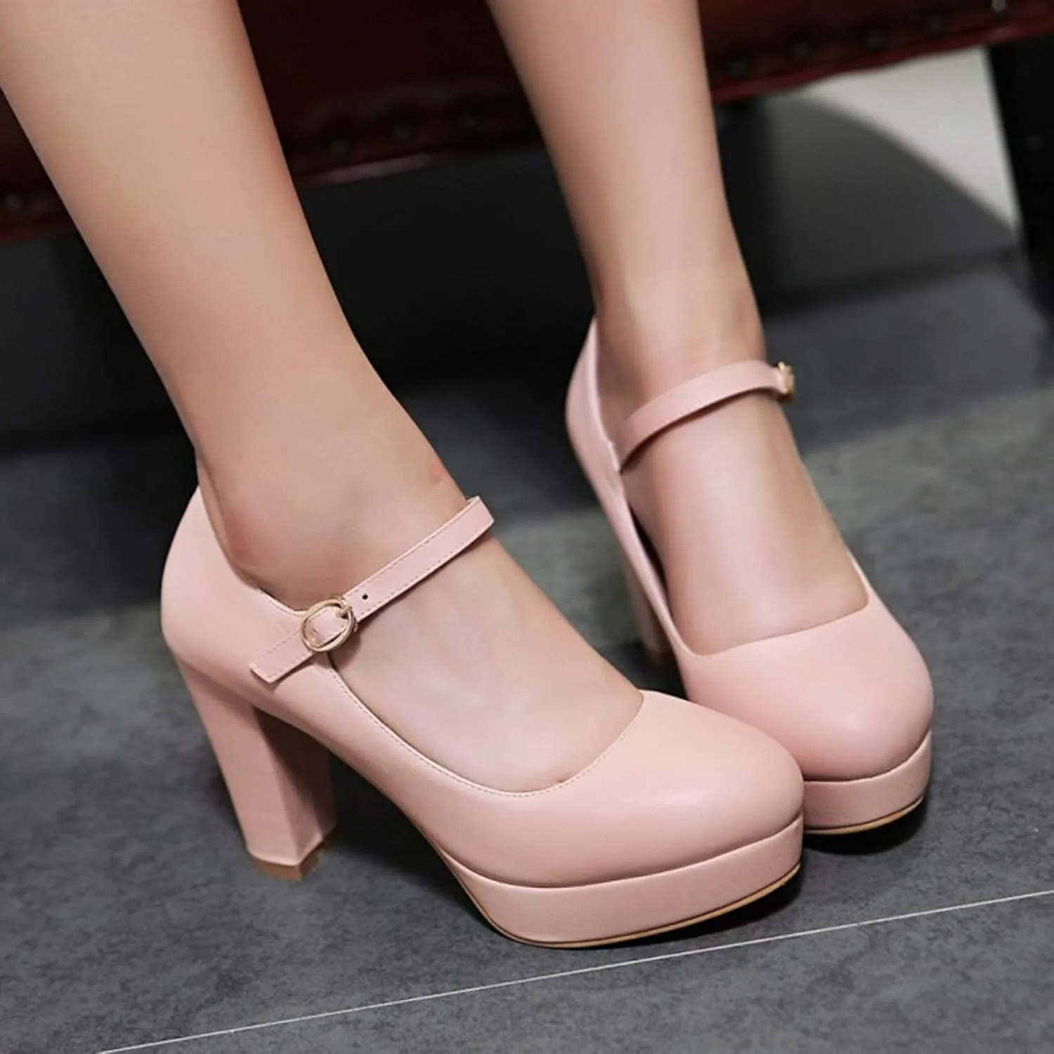 Women's Platform Mary Jane Shoes High Chunky Heel Round Toe Ankle Buckle Strap Wedding Dress Pumps