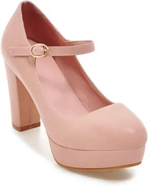 Women's Platform Mary Jane Shoes High Chunky Heel Round Toe Ankle Buckle Strap Wedding Dress Pumps