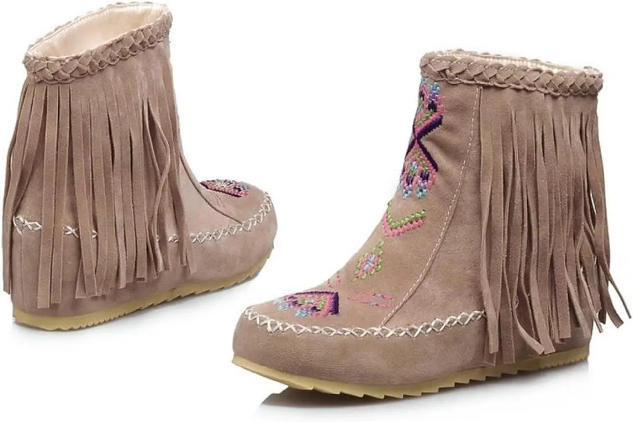 Women's Retro Fringe Moccasin Boots Low Heel Ankle Boots Slip On Comfy Warm Classic Booties