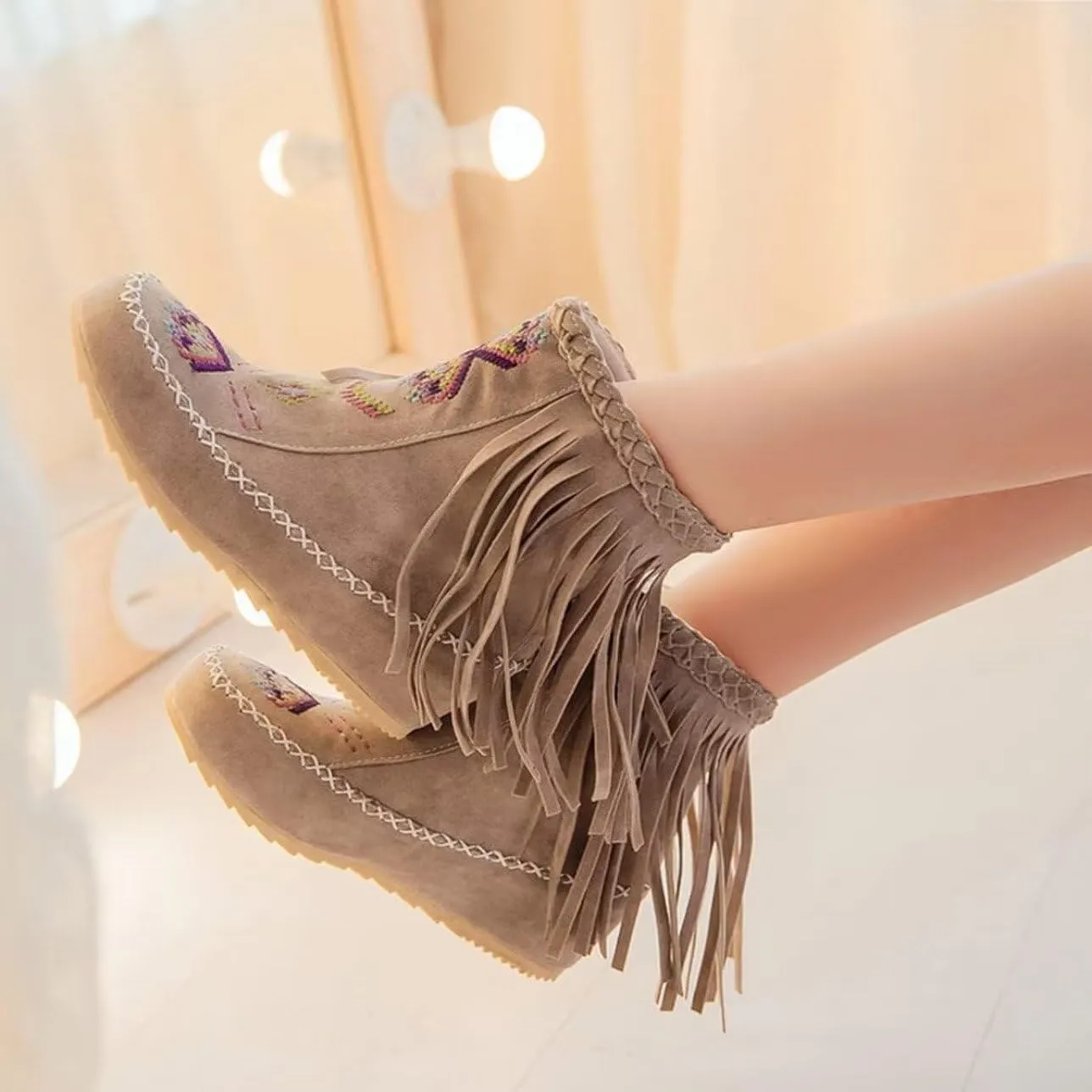 Women's Retro Fringe Moccasin Boots Low Heel Ankle Boots Slip On Comfy Warm Classic Booties