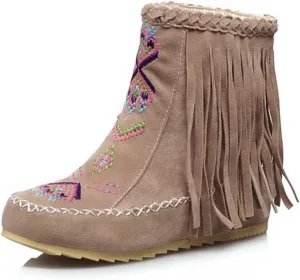 Women's Retro Fringe Moccasin Boots Low Heel Ankle Boots Slip On Comfy Warm Classic Booties