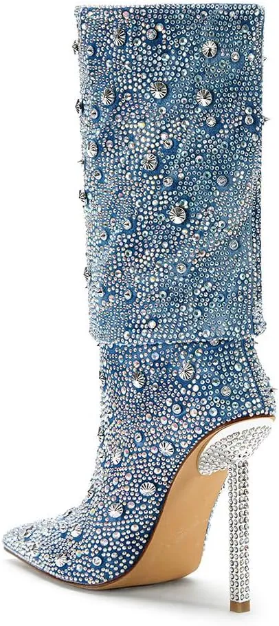 Women's Rhinestone Fold Over Ankle Boots Denim Sparkling Boot Pull on 2024 Fashion Sexy Silver Stiletto Heel Mid Calf Boots Pointed Toe Slouchy Pull-on Boots