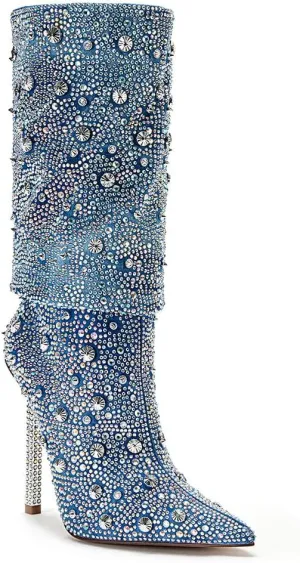 Women's Rhinestone Fold Over Ankle Boots Denim Sparkling Boot Pull on 2024 Fashion Sexy Silver Stiletto Heel Mid Calf Boots Pointed Toe Slouchy Pull-on Boots