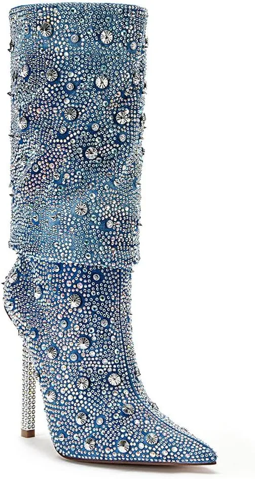 Women's Rhinestone Fold Over Ankle Boots Denim Sparkling Boot Pull on 2024 Fashion Sexy Silver Stiletto Heel Mid Calf Boots Pointed Toe Slouchy Pull-on Boots