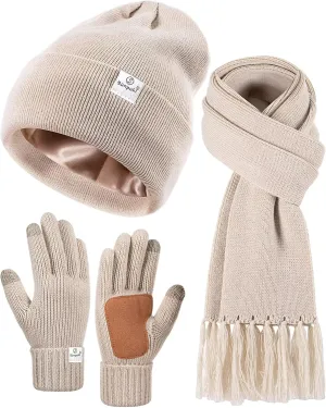 Womens Satin Lined Beanie Scarf Gloves Set, Silk Lined Winter Hats Knit Scarf Touchscreen Gloves, 3 Fashionable Warm Gift Set