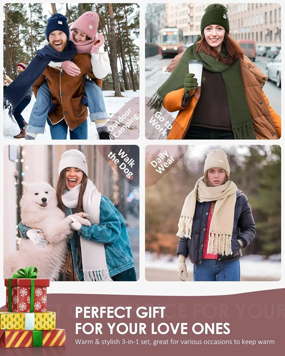Womens Satin Lined Beanie Scarf Gloves Set, Silk Lined Winter Hats Knit Scarf Touchscreen Gloves, 3 Fashionable Warm Gift Set