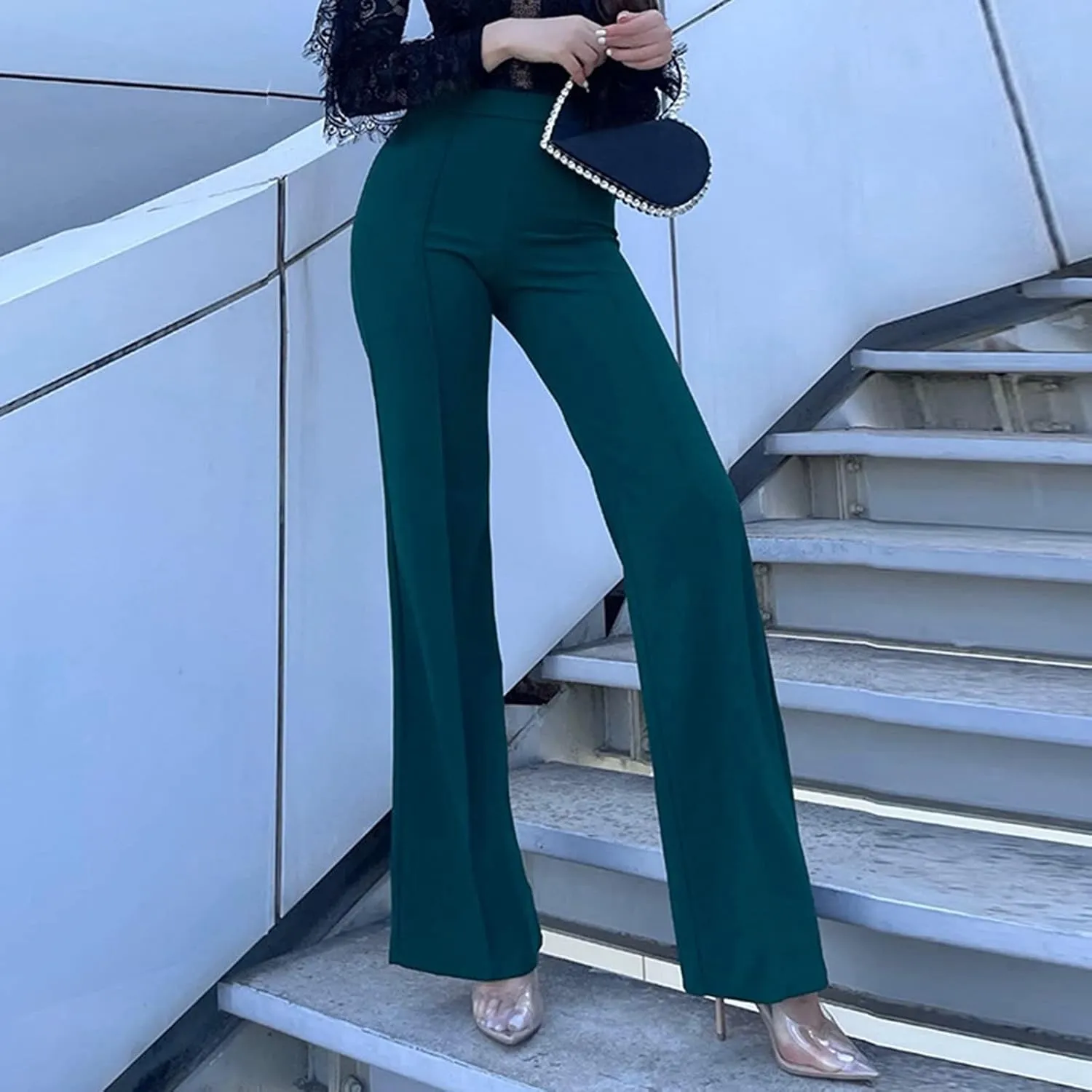 Women's Sexy Slimming Stretchy Trousers High Waisted Wide Leg Button-Down Pants Sailor Bell Flare Pants