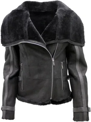 Women's Short Black Merino Sheepskin Aviator Leather Jacket