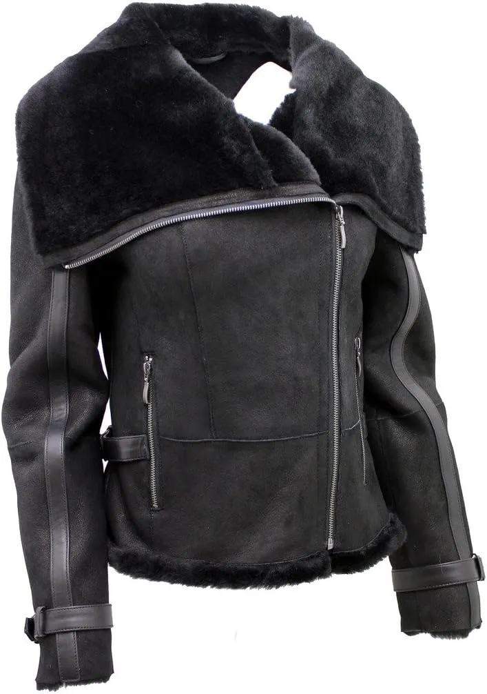 Women's Short Black Merino Sheepskin Aviator Leather Jacket