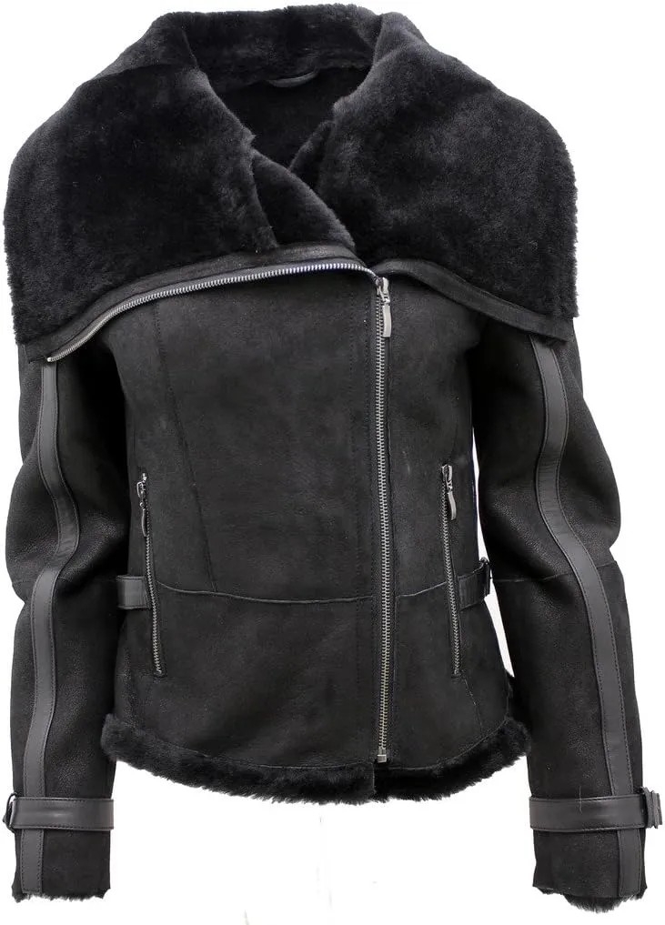 Women's Short Black Merino Sheepskin Aviator Leather Jacket