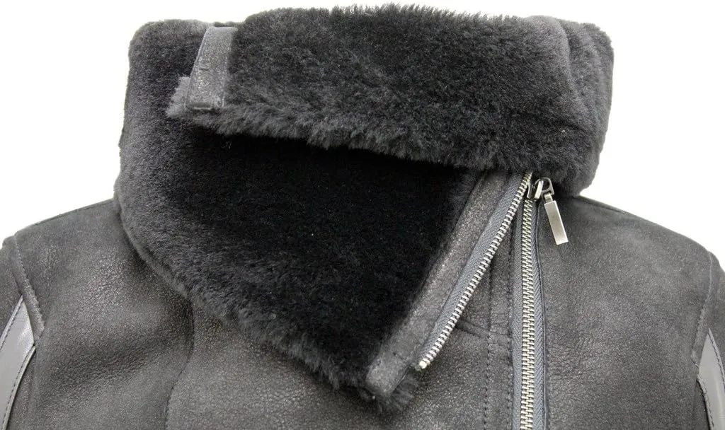 Women's Short Black Merino Sheepskin Aviator Leather Jacket