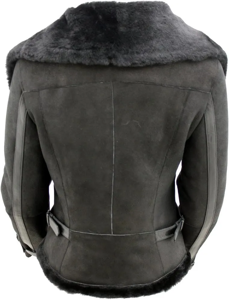 Women's Short Black Merino Sheepskin Aviator Leather Jacket
