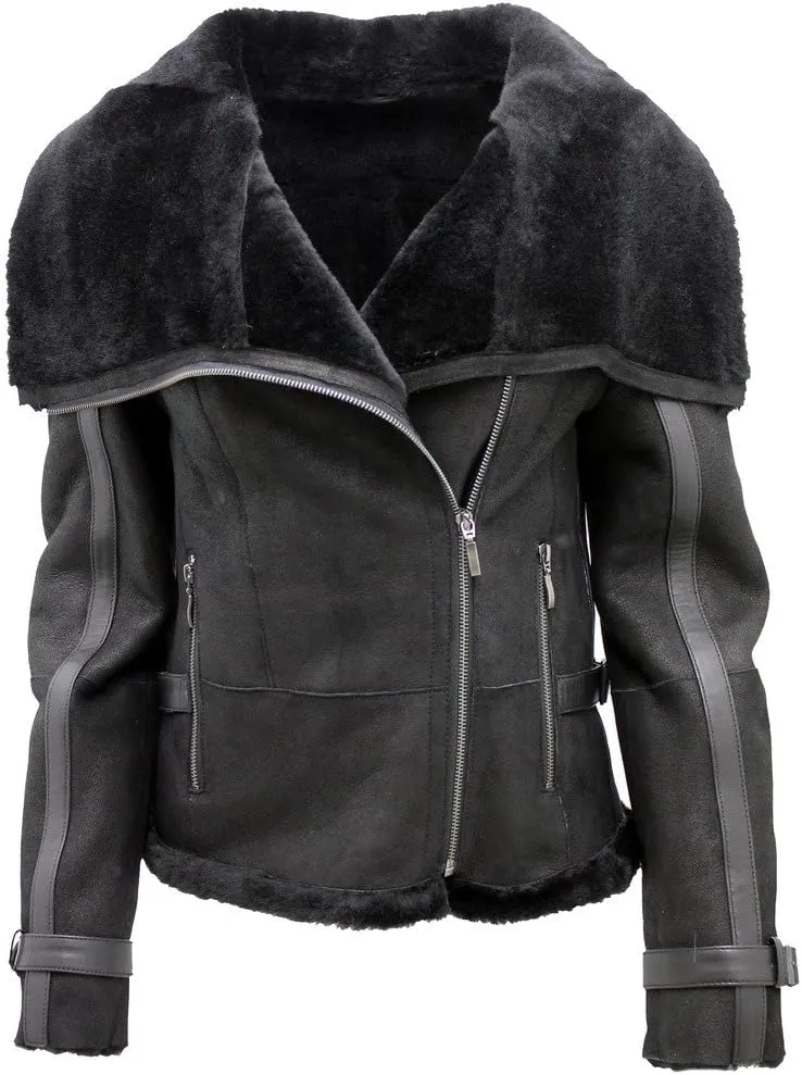 Women's Short Black Merino Sheepskin Aviator Leather Jacket