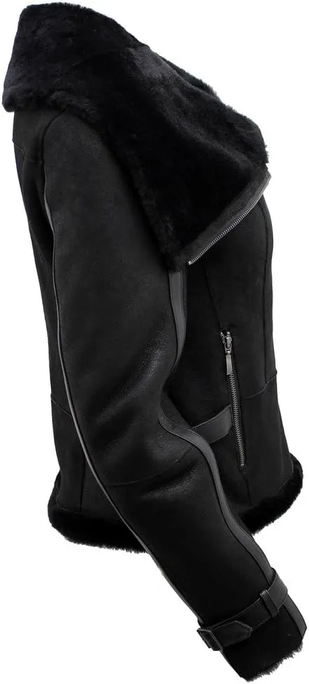 Women's Short Black Merino Sheepskin Aviator Leather Jacket